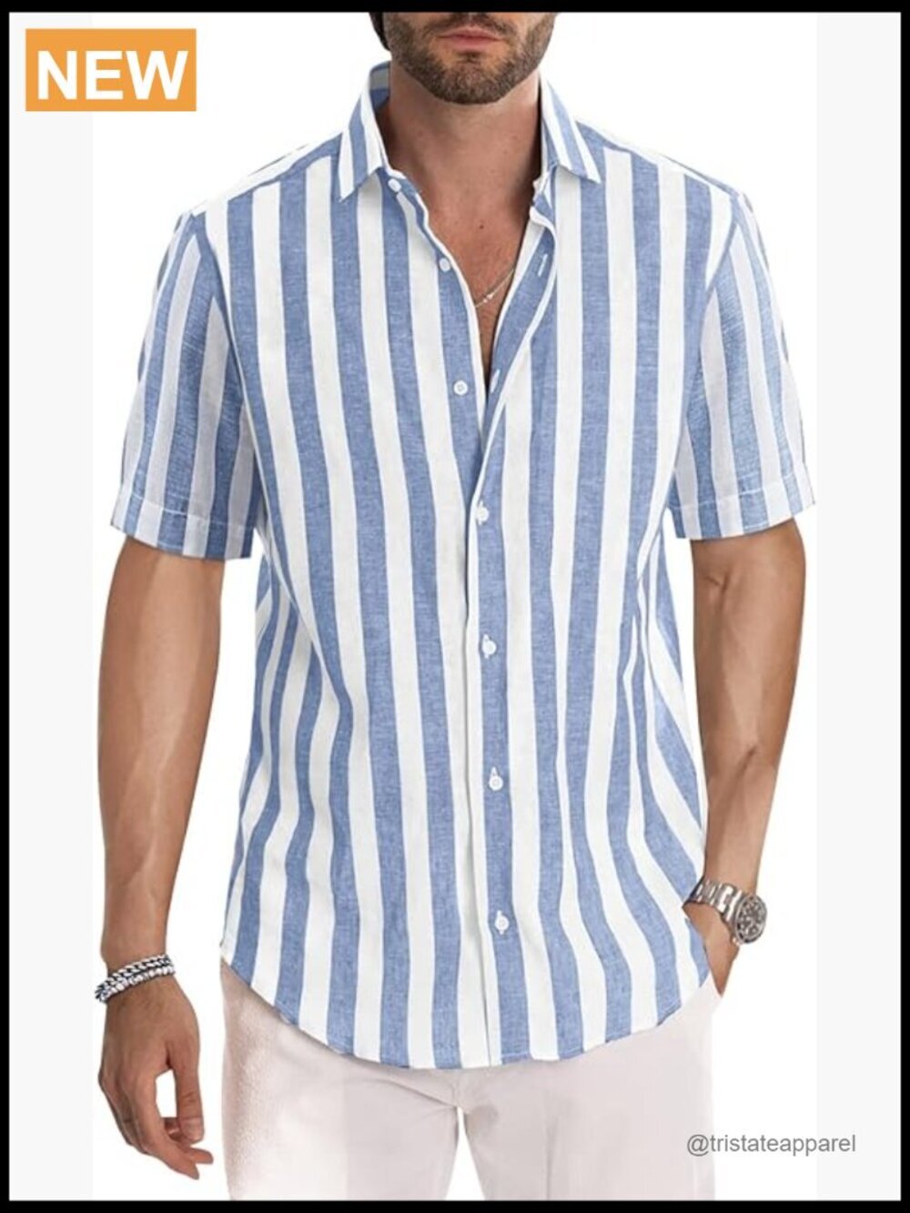 Men's Striped Button-Down Short Sleeve Shirt Cotton Regular Fit